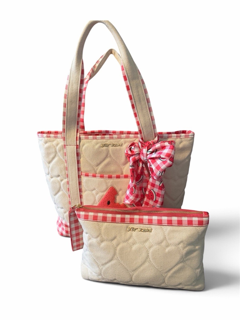 Betsey Johnson Watermelon Gingham Quilted Tote + Pouch Set ππ - Picture 4 of 10